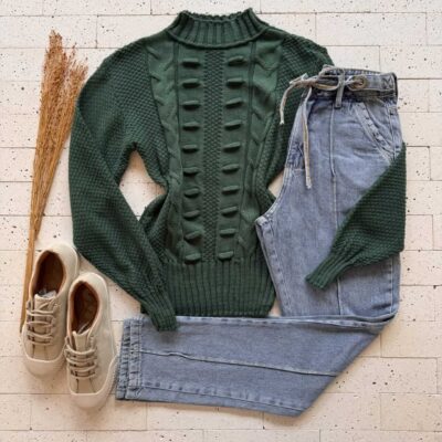 Dondoca_com_br Blusa Trico Detalhada Com Bolhas Frontais Verde