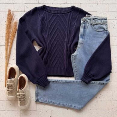 Dondoca_com_br Blusa Trico Detalhe Tramas Em Diagonal Marinho