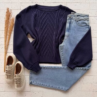 Dondoca_com_br Blusa Trico Detalhe Tramas Em Diagonal Marinho