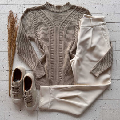 Dondoca_com_br Blusa Trico Ponto Detalhado E Trama Frontal Bege