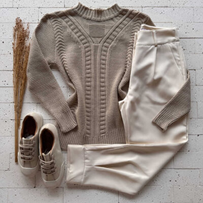 Dondoca_com_br Blusa Trico Ponto Detalhado E Trama Frontal Bege