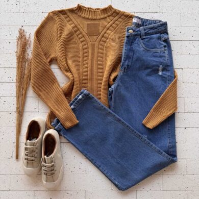 Dondoca_com_br Blusa Trico Ponto Detalhado E Trama Frontal Caramelo