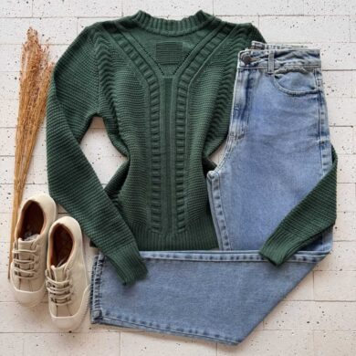 Dondoca_com_br Blusa Trico Ponto Detalhado E Trama Frontal Verde