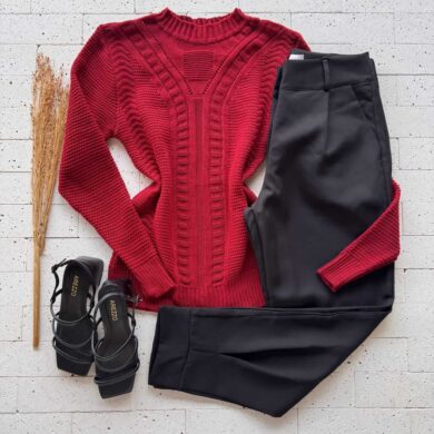 Dondoca_com_br Blusa Trico Ponto Detalhado E Trama Frontal Vermelha