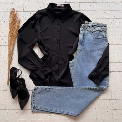 Dondoca_com_br Camisa Feminina Social Basic Preta