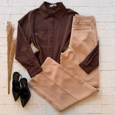 Dondoca_com_br Camisa Feminina Social Detalhe Bolso Cafe