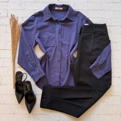 Dondoca_com_br Camisa Feminina Social Detalhe Bolso Marinho