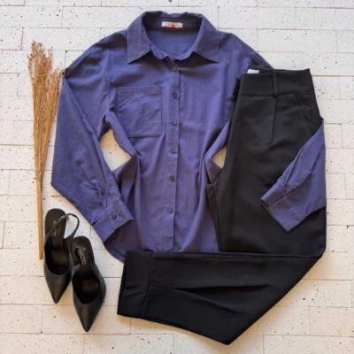 Dondoca_com_br Camisa Feminina Social Detalhe Bolso Marinho