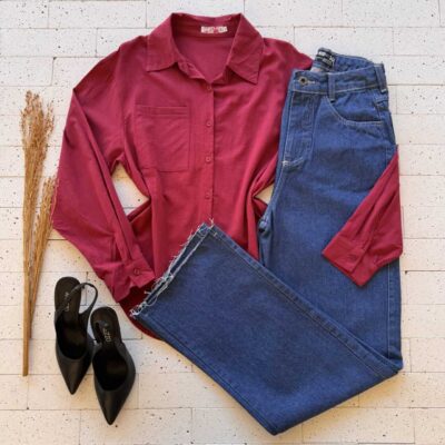 Dondoca_com_br Camisa Feminina Social Detalhe Bolso Marsala