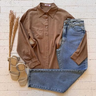 Dondoca_com_br Camisa Feminina Social Detalhe Bolso Nude