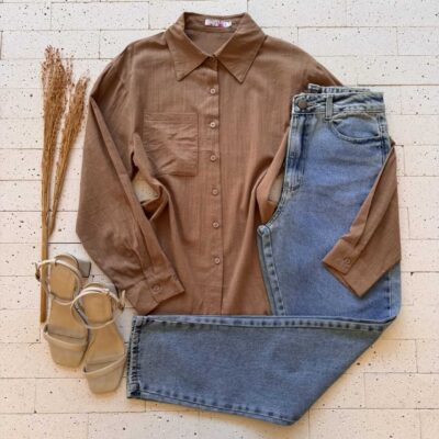 Dondoca_com_br Camisa Feminina Social Detalhe Bolso Nude