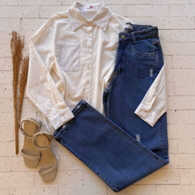 Dondoca_com_br Camisa Feminina Social Detalhe Bolso Off