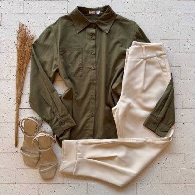 Dondoca_com_br Camisa Feminina Social Detalhe Bolso Verde Oliva