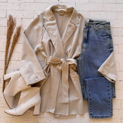 Dondoca_com_br Casaco Alongado Suede Com Bolsos E Cinto Faixa Bege