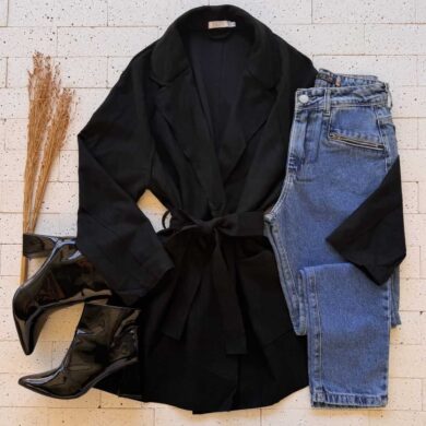 Dondoca_com_br Casaco Alongado Suede Com Bolsos E Cinto Faixa Preto