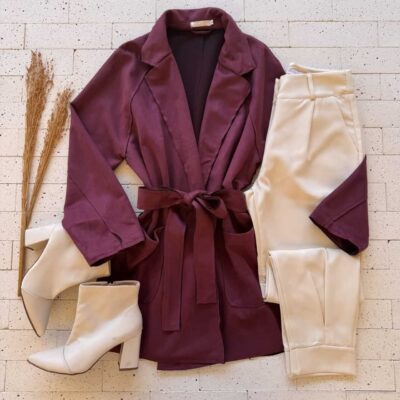 Dondoca_com_br Casaco Alongado Suede Com Bolsos E Cinto Faixa Vinho