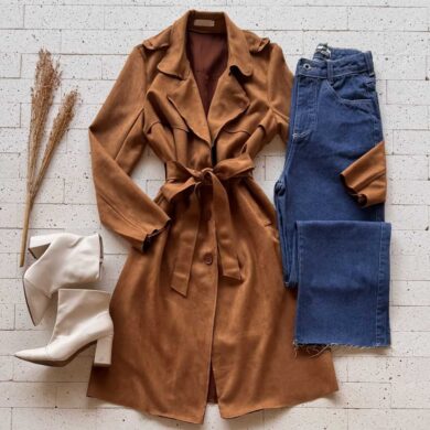 Dondoca_com_br Casaco Alongado Suede Com Cinto Faixa Caramelo