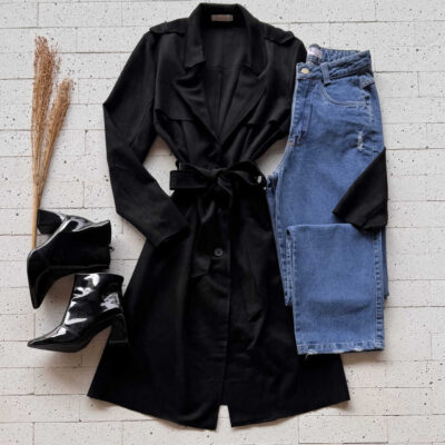 Dondoca_com_br Casaco Alongado Suede Com Cinto Faixa Preto