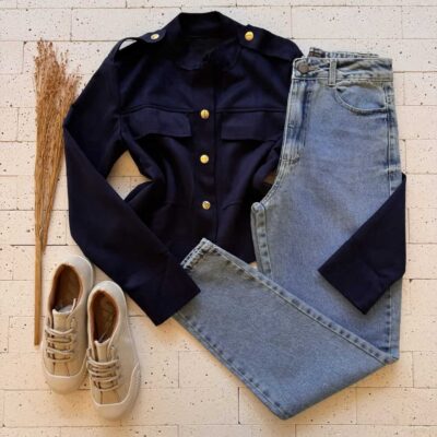 Dondoca_com_br Casaco Suede Detalhe Bolsos E Botoes Marinho