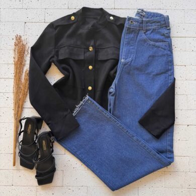 Dondoca_com_br Casaco Suede Detalhe Bolsos E Botoes Preto