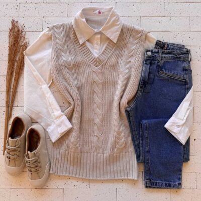 Dondoca_com_br Colete Trico Alongado Detalhe Trama Gelo