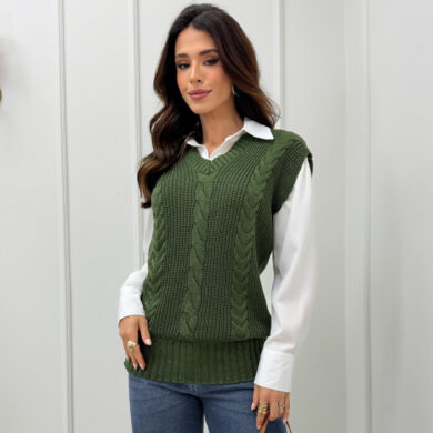 Dondoca_com_br Colete Trico Alongado Detalhe Trama Verde Oliva