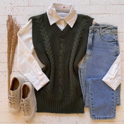 Dondoca_com_br Colete Trico Alongado Detalhe Trama Verde Oliva