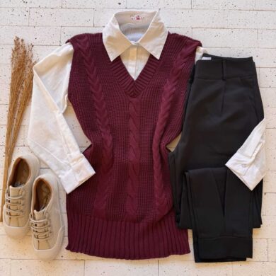 Dondoca_com_br Colete Trico Alongado Detalhe Trama Vinho