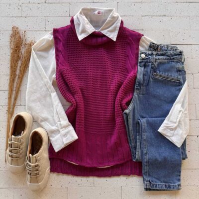 Dondoca_com_br Colete Trico Alongado Gola Boba Detalhe Trama Magenta