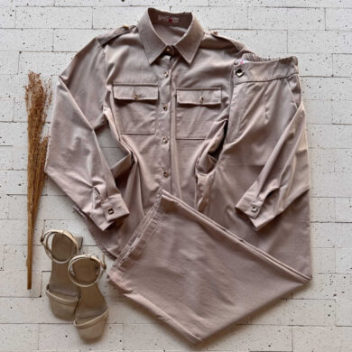 Dondoca_com_br Conjunto Camisa Alongada Detalhe Botoes E Pantalona Bege