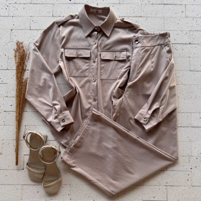 Dondoca_com_br Conjunto Camisa Alongada Detalhe Botoes E Pantalona Bege