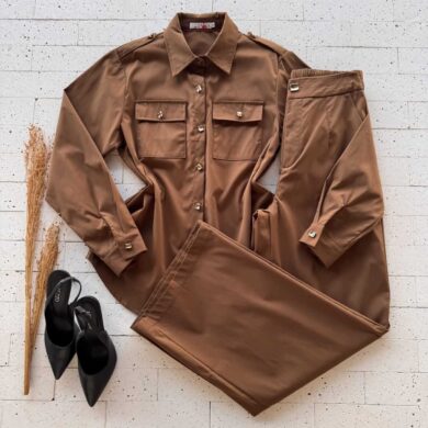 Dondoca_com_br Conjunto Camisa Alongada Detalhe Botoes E Pantalona Cafe