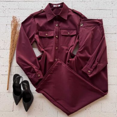 Dondoca_com_br Conjunto Camisa Alongada Detalhe Botoes E Pantalona Vinho