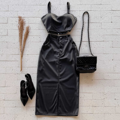 Dondoca_com_br Conjunto De Couro Sintetico Cropped E Saia Midi Com Fenda Preto