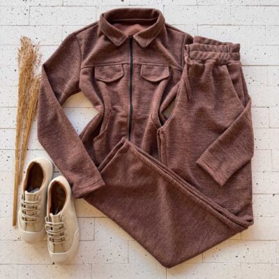 Dondoca_com_br Conjunto Lanzinha Blusa Com Ziper E Wide Leg Marrom