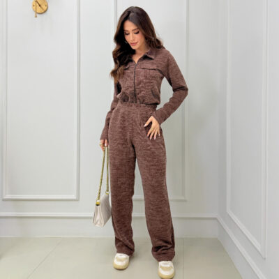 Dondoca_com_br Conjunto Lanzinha Blusa Com Ziper E Wide Leg Marrom