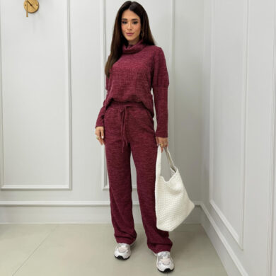 Dondoca_com_br Conjunto Lanzinha Blusa Detalhe Bolsos E Pantalona Vinho