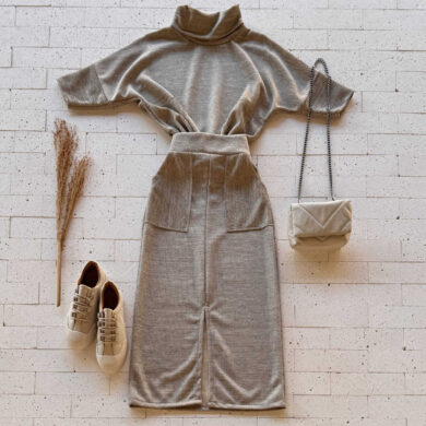 Dondoca_com_br Conjunto Lanzinha Blusa Manguinha E Saia Midi Com Fenda Bege