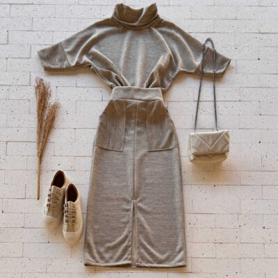 Dondoca_com_br Conjunto Lanzinha Blusa Manguinha E Saia Midi Com Fenda Bege