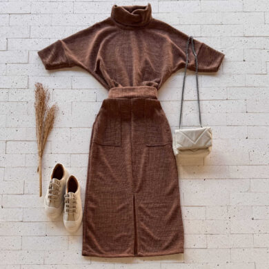 Dondoca_com_br Conjunto Lanzinha Blusa Manguinha E Saia Midi Com Fenda Caramelo