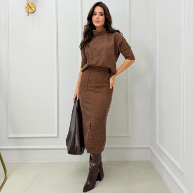 Dondoca_com_br Conjunto Lanzinha Blusa Manguinha E Saia Midi Com Fenda Caramelo