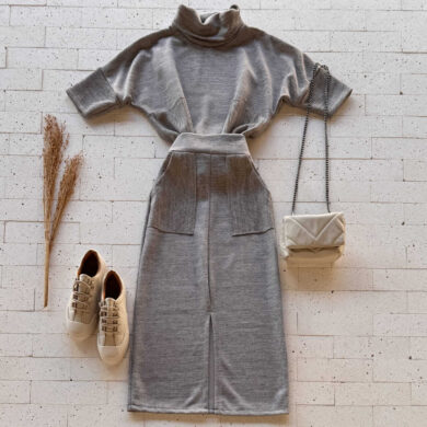 Dondoca_com_br Conjunto Lanzinha Blusa Manguinha E Saia Midi Com Fenda Cinza