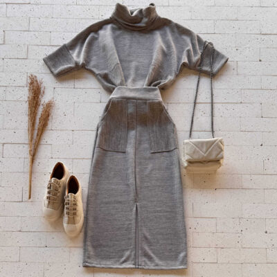 Dondoca_com_br Conjunto Lanzinha Blusa Manguinha E Saia Midi Com Fenda Cinza