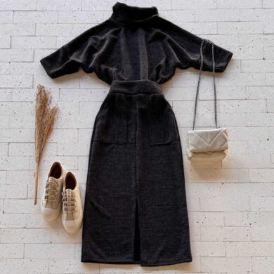 Dondoca_com_br Conjunto Lanzinha Blusa Manguinha E Saia Midi Com Fenda Preto