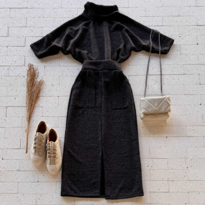 Dondoca_com_br Conjunto Lanzinha Blusa Manguinha E Saia Midi Com Fenda Preto