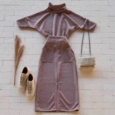 Dondoca_com_br Conjunto Lanzinha Blusa Manguinha E Saia Midi Com Fenda Rose