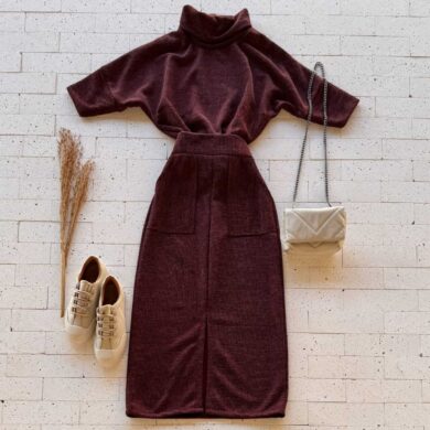 Dondoca_com_br Conjunto Lanzinha Blusa Manguinha E Saia Midi Com Fenda Vinho