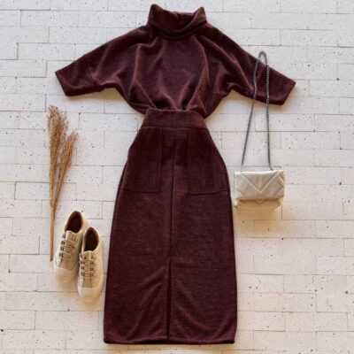 Dondoca_com_br Conjunto Lanzinha Blusa Manguinha E Saia Midi Com Fenda Vinho