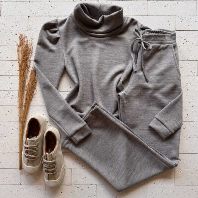 Dondoca_com_br Conjunto Lanzinha Blusa Princesa Com Gola E Wide Leg Cinza