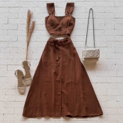 Dondoca_com_br Conjunto Marrant Cropped Alca Larga E Saia Midi Com Fenda Cafe